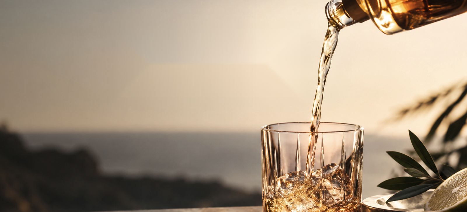 Premium spirit poured over ice at golden hour